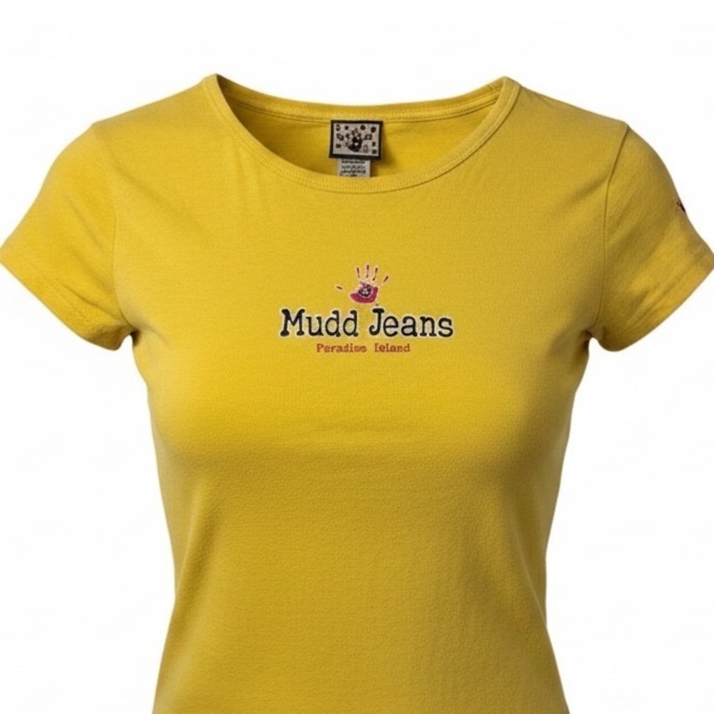 VTG Mudd Jeans Shirt Yellow Paradise Island Graphic Baby Tee Large Womens Casual